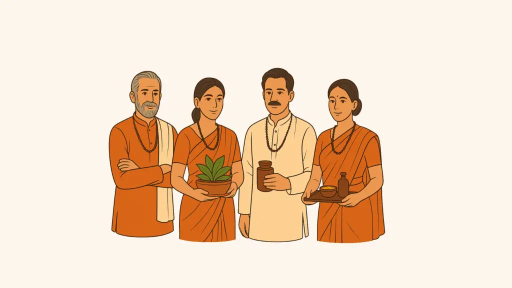 Illustration of Ayurvedic doctors and practitioners with herbs and medicines representing traditional Ayurveda